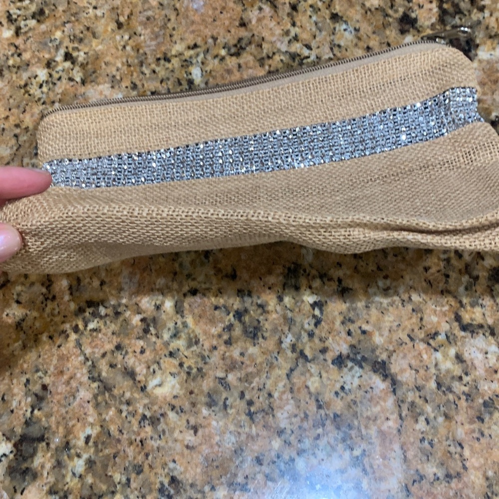 Elegant Tan Clutch with Silver Accent and crystals, real linen, brand new,must❤️ - Picture 10 of 10